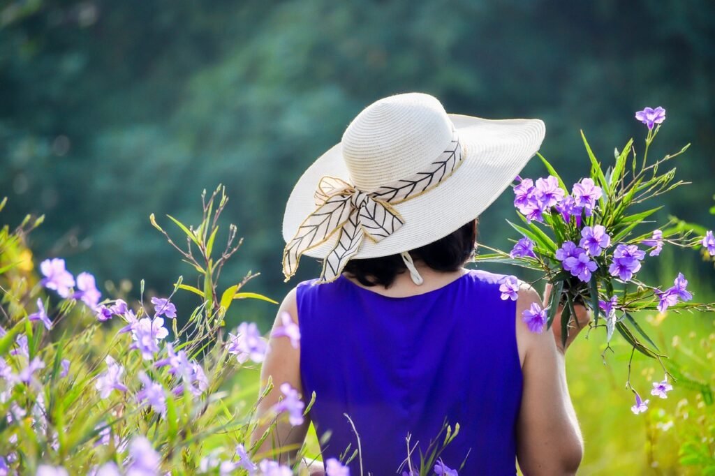 purple dress, purple flowers, girl