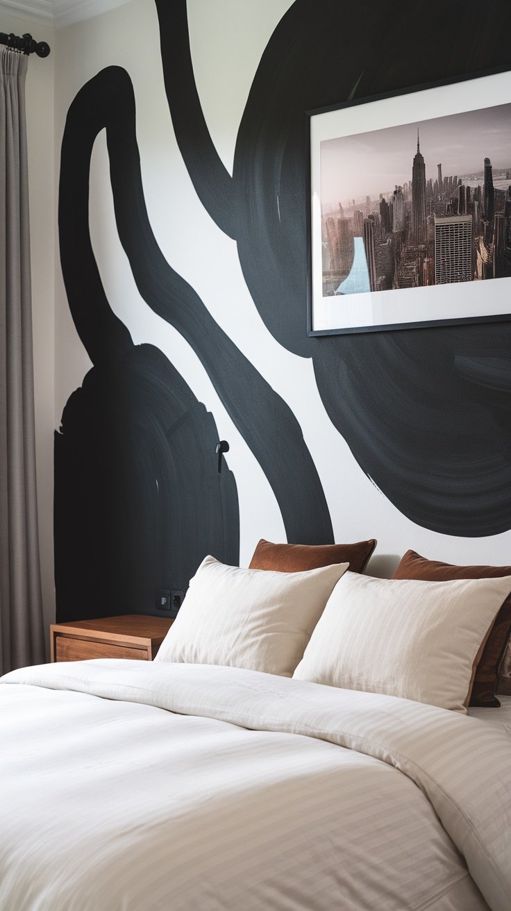 A stylish bedroom with an abstract black wall mural and a neatly made bed.