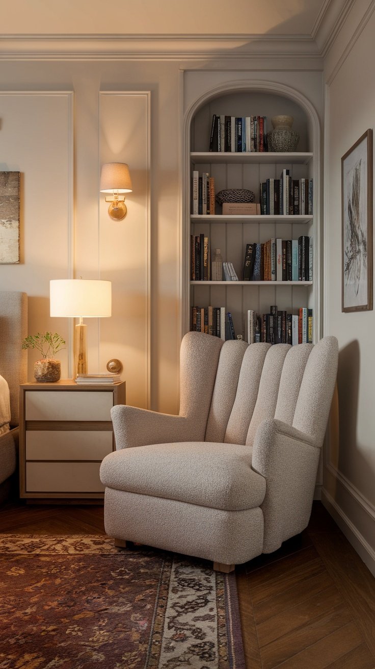 A cozy reading nook featuring a soft chair, warm lighting, and a bookshelf.