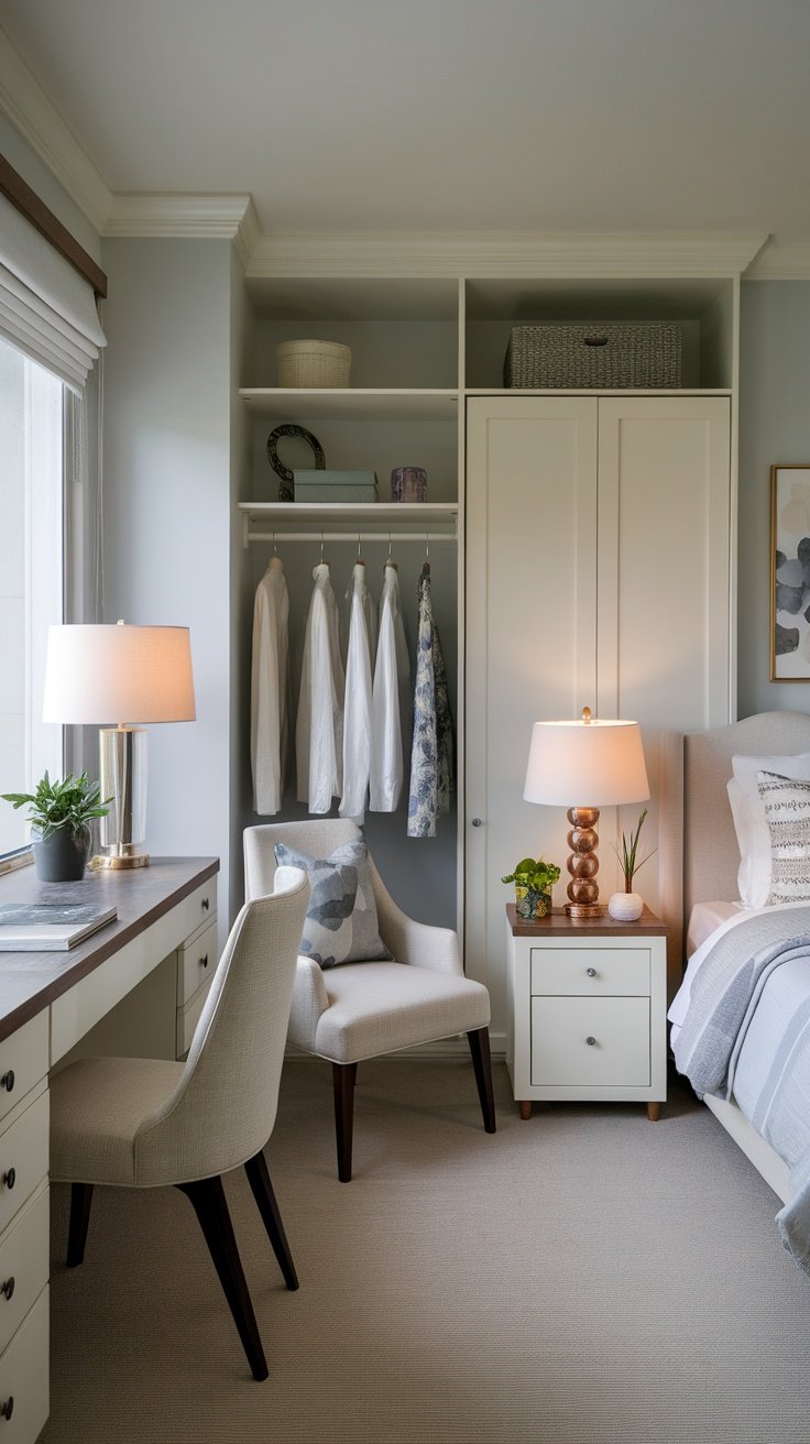 Cozy bedroom with functional furniture arrangement, featuring a desk, chair, and organized closet space.