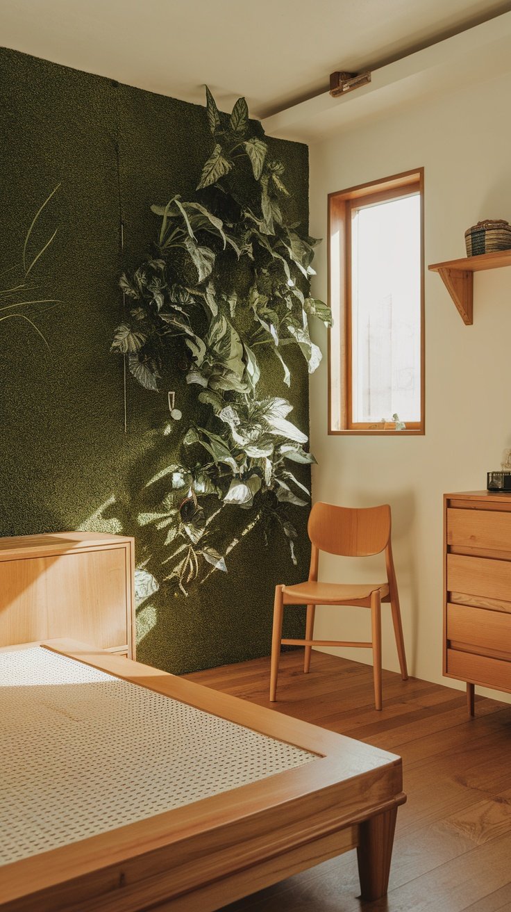 A serene bedroom featuring a green accent wall with plants, wooden furniture, and warm lighting.