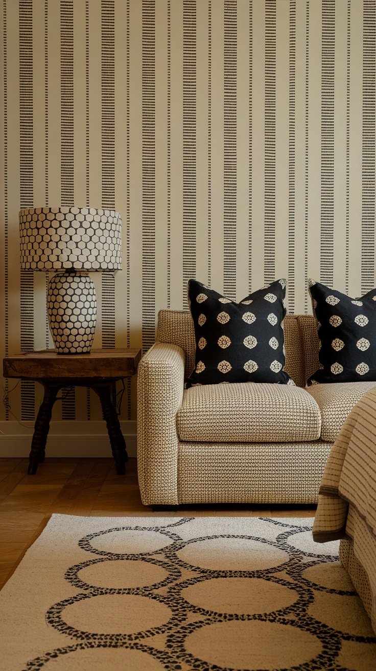 Cozy bedroom setting with textured pillows, a knitted couch, and patterned wallpaper.