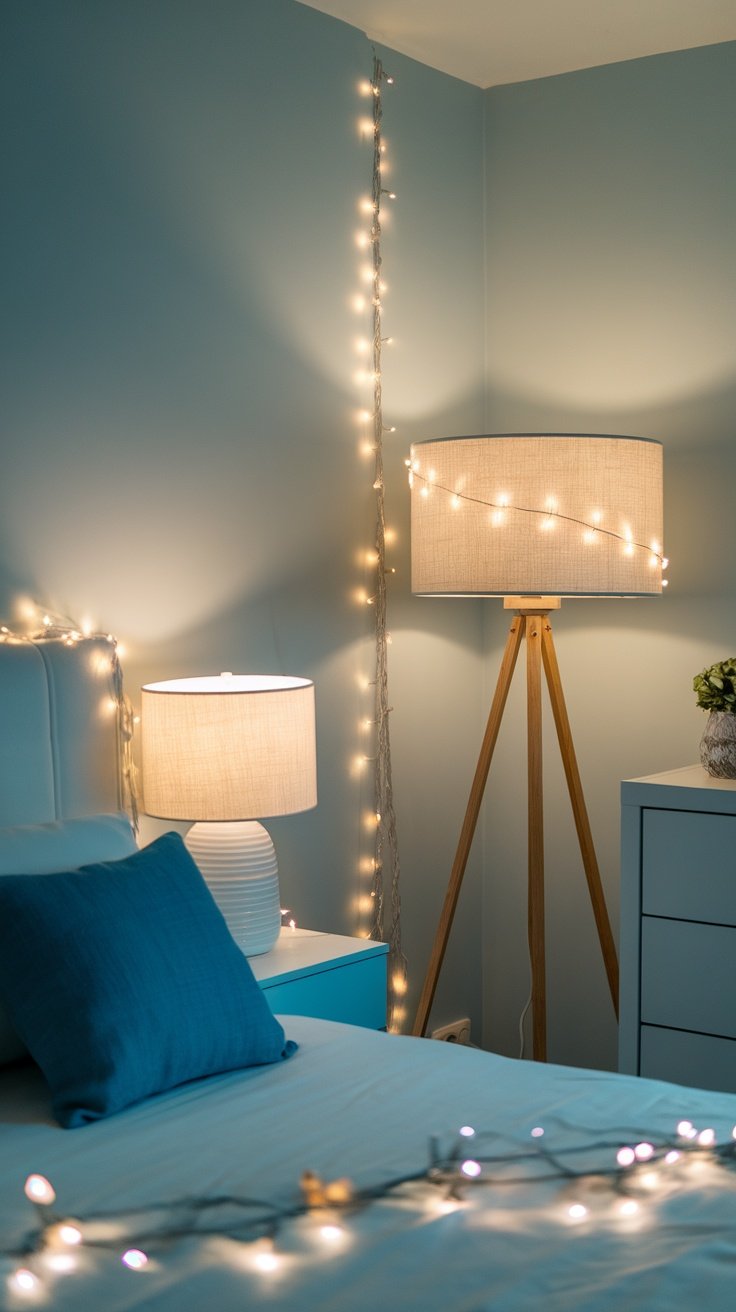 A cozy bedroom featuring warm mood lighting with string lights and lamps.
