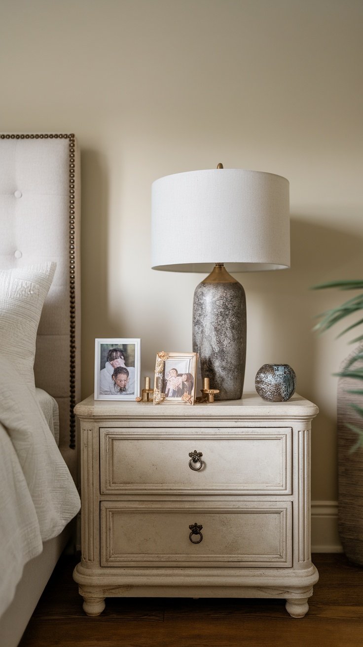 Nightstand with family photos, a stylish lamp, and decorative items.