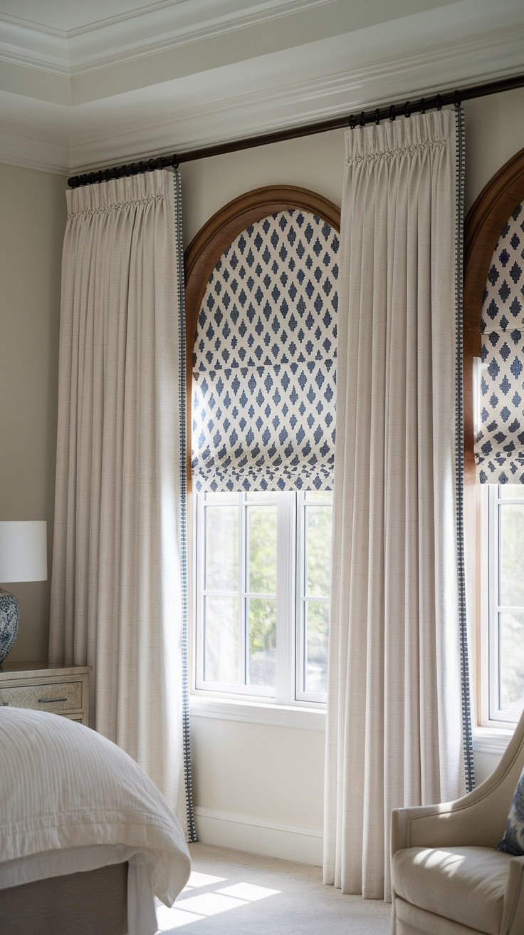 Beautiful bedroom with light curtains and patterned shades on a window.