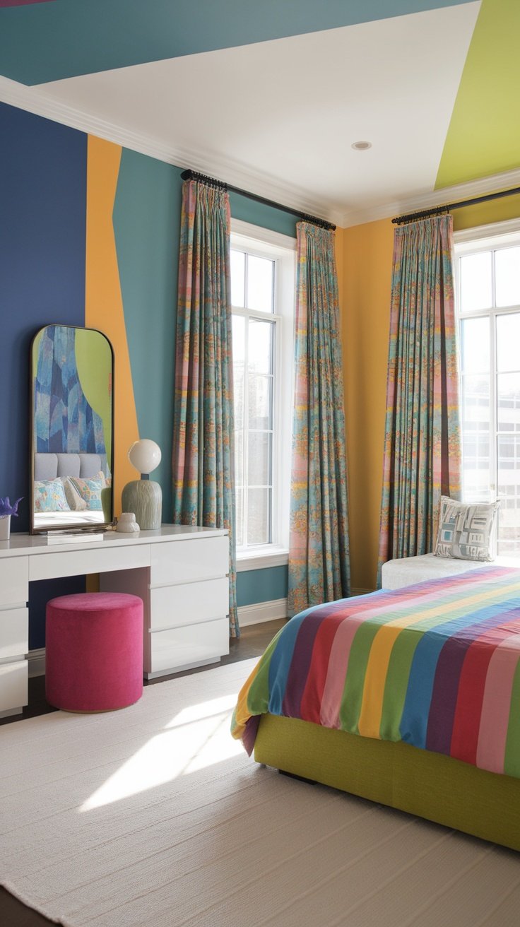 A colorful bedroom with striped bedding and vibrant curtains