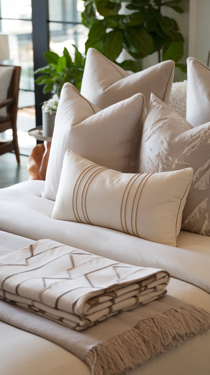 A stylish bedding arrangement featuring various pillows and a cozy throw blanket.